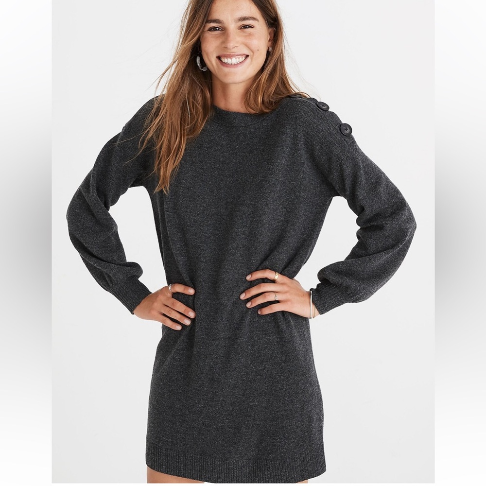 Madewell Charcoal Gray Boatneck Button Shoulder Merino Wool Mini Dress Small
